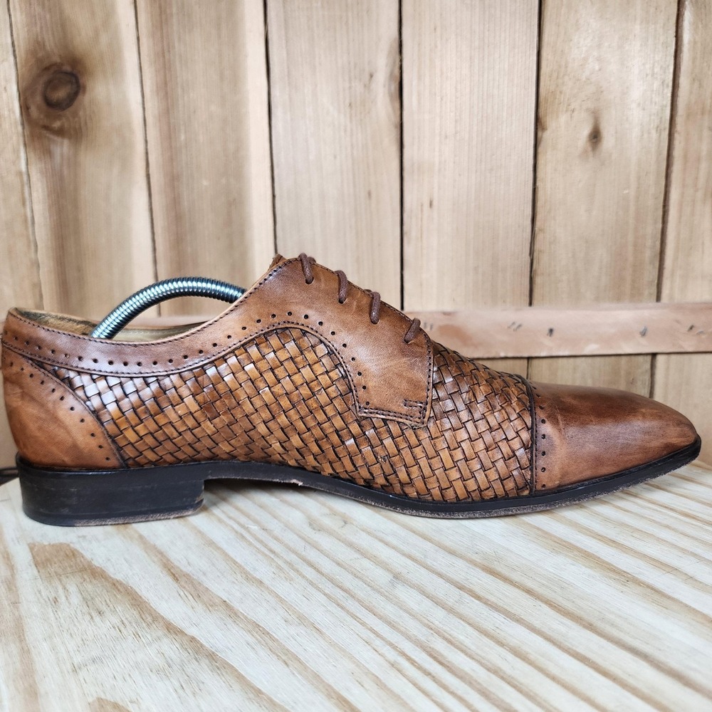 Mercanti Fiorentini Shoes Mens 12 M Brown Woven Leather Cap Toe Lace Up Oxford - Picture 5 of 9